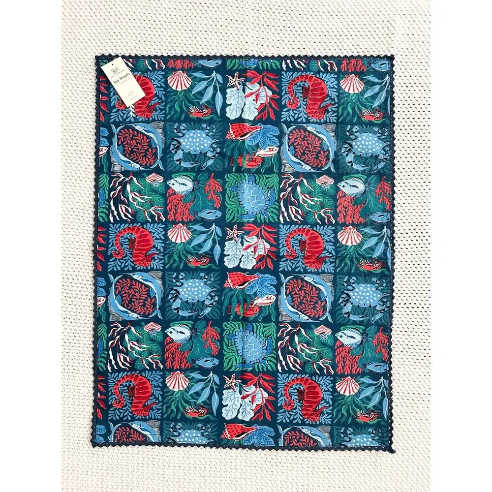 Print Fresh NWT Stained Seaglass Nautical Sea Life Tea Towels READ 21